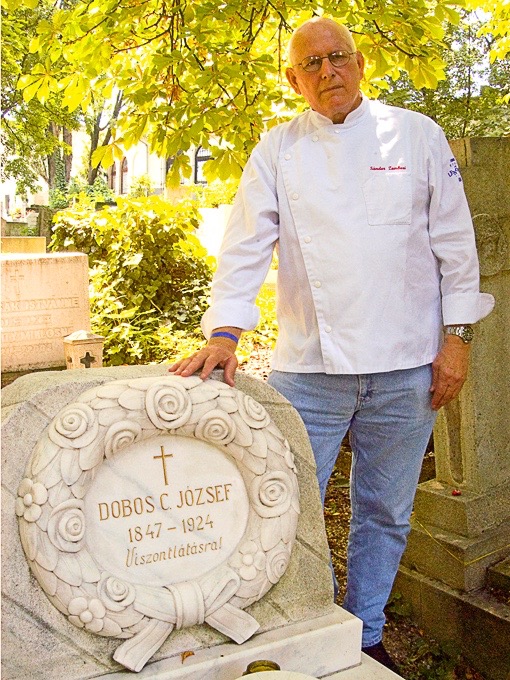 Chef Sandor Zombori at the grave site of the great Hungarian pastry chef, Dobos Jozsef.