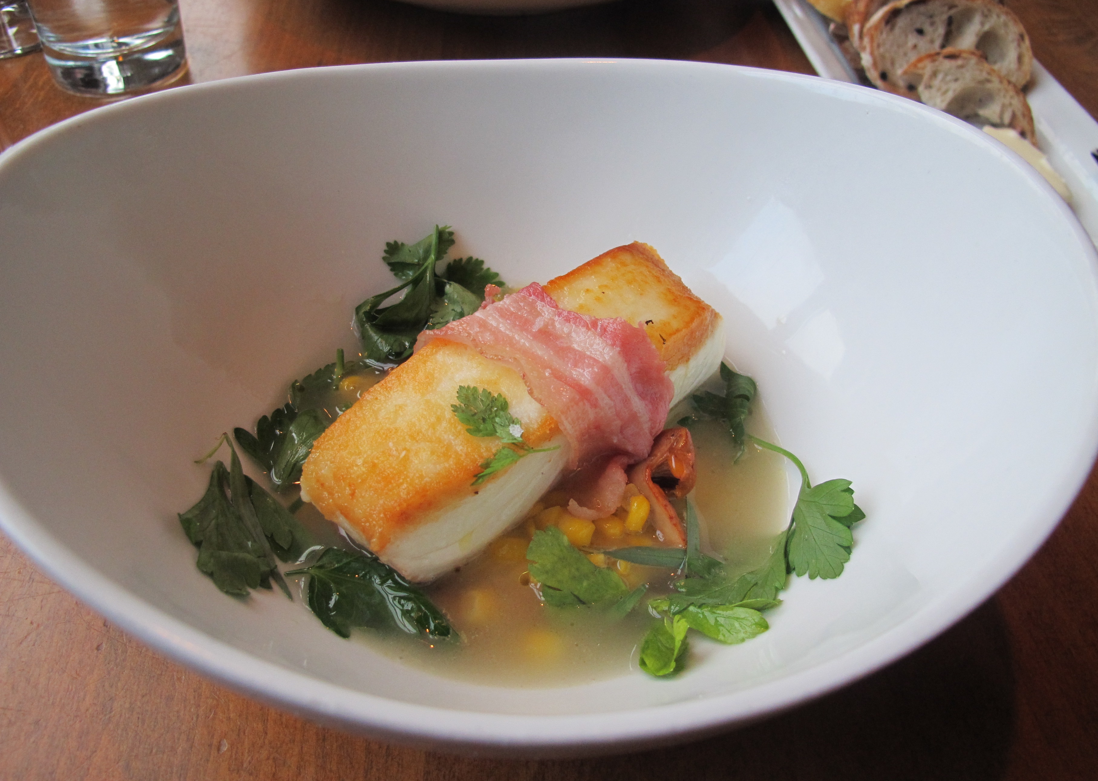 Halibut with Chanterelles, House Bacon, Corn, Corn Broth and Herbs. Photos by Marla Norman. 