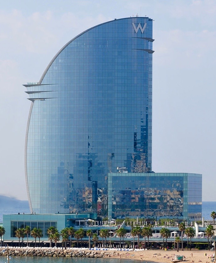 W Barcelona, designed by Ricardo Bofill, often referred to as the Hotel Vela or Sail Hotel.