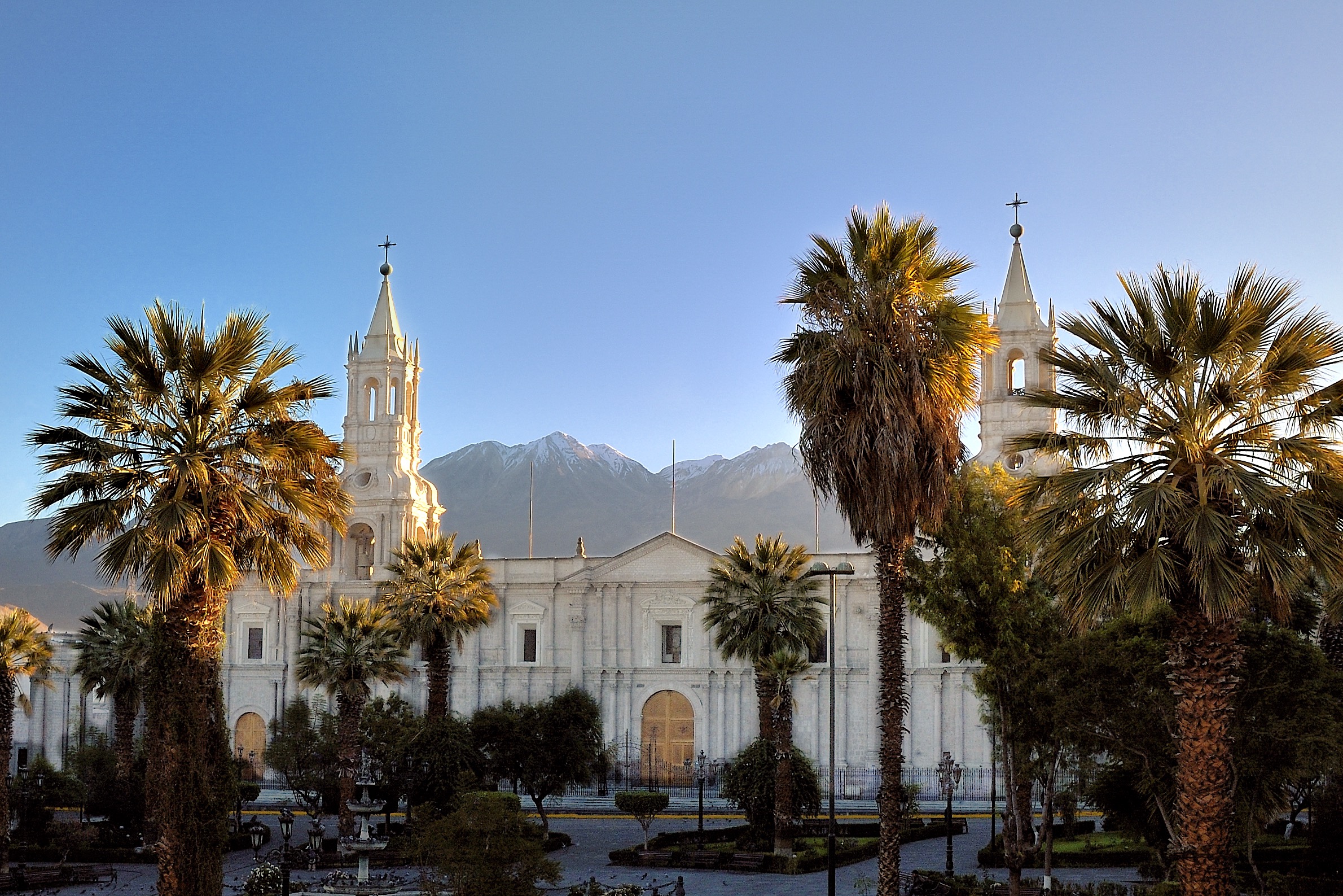 Arequipa Basilica Cathedral and Andes Mountains at daybreak. Photo by Paul Hedquist.