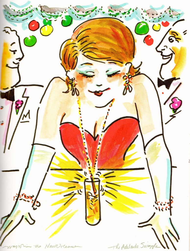 "Our Aunt Adelaide always wore a gold swizzle stick." Illustration courtesy of Ti Adelaide Martin & Lally Brennan.