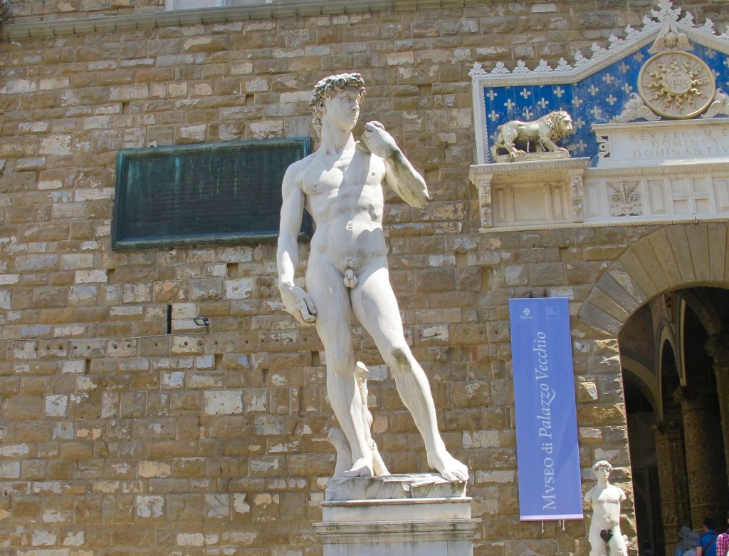 A copy of Michelangelo's renown David stands in the Piazza della Signoria.