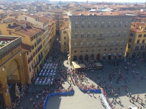 View from the Palazzo Vecchio Tower onto the Piazza della Signoria - site of the Bonfire of the Vanities, inspired by the Dominican monk, Girolamo Savonarola in 1497. Photo by Marla Norman.