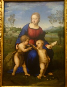 Madonna of the Goldfinch by Raphael. As elegant and attractive as his paintings, Raphael was enormously popular during his life, and is still very much appreciated for his use of color and realistic approach to painting. Interestingly, the Madonna was heavily damaged during an earthquake. A lengthy restoration was required to resurrect the piece. Photo by Marla Norman.