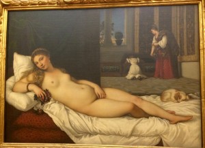Venus of Urbino by Titian was commissioned by the Duke of Urbino Guidobaldo II Della Rovere for his young wife. The painting, in fact, represents the duties of a wife. To fulfill her husband, she must be erotic, as evidence by the representation of Venus. The dog is a symbol of marital fidelity, while the young child in the background symbolizes motherhood. Tiziano Vecelli or Titan, as he’s known in English spent most of his life in Venice. Photo by Marla Norman.