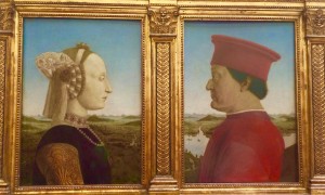 These dual portraits by Piero della Francesca of the Duke and Duchess of Urbino are one of the most popular exhibits at the Uffizi, in part because of the artist’s singular style and strange juxtaposition of the couple - together and yet apart. The Duke, who lost his right eye in a jousting tournament, is positioned so that only the left side of his face shows. His damaged nose, however is clearly on display, a result of his many years as a mercenary. Later, the Duke used his ill-gotten gains to transform Urbino into a cultural center. His wife, Battista Sforza, is exceedingly pale in the painting, most likely because the portrait is a memorial to her death in 1472. Photo by Marla Norman.