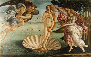 One of the most recognizable paintings at the Uffizi, The Birth of Venus by Sandro Botticelli. Drawing inspiration from the classical poet Homer, Botticelli portrays Zephyrus, God of the Winds carrying the breeze, Aura. Together, the two of them blow the Goddess of Love ashore. Horae, Goddess of the Seasons, receives Venus with a flower-covered robe. Simonetta Cattaneo, is thought to be the model for Venus and several other figures in Botticelli’s paintings. Simonetta was a favorite at the Medici court, but died at age twenty-two. She was born at Portovenere in Liguria, the place in mythological literature associated with the birthplace of Venus.
