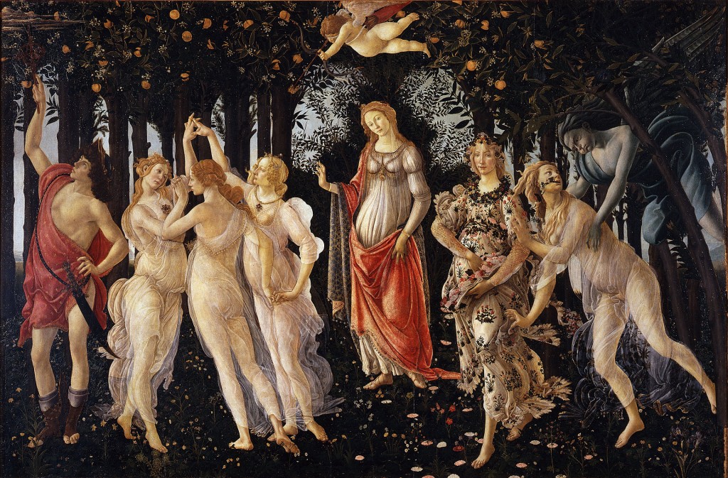 One of Botticelli’s most intriguing works, The Primavera, has baffled critics for centuries as to its meaning. The large, richly detailed painting depicts a blue-faced Zephyrus chasing Flora who then turns into Spring and spreads flowers across the earth. Venus, in the middle, rules the scene. On her left are the Three Graces dancing in celebration, while Mercury dissipates the clouds. Photo from Wikipedia.