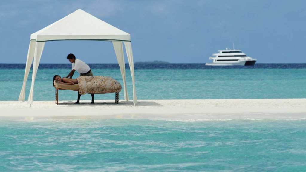 The Kuda Huraa Spa over-water treatment pavilions. Photo courtesy of Four Seasons Resorts Maldives.