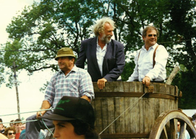 Jean-Guy Arrivé (far right) celebrates a succesful harvest at Château Bellevue. Photo courtesy of Laurie Arrivé.
