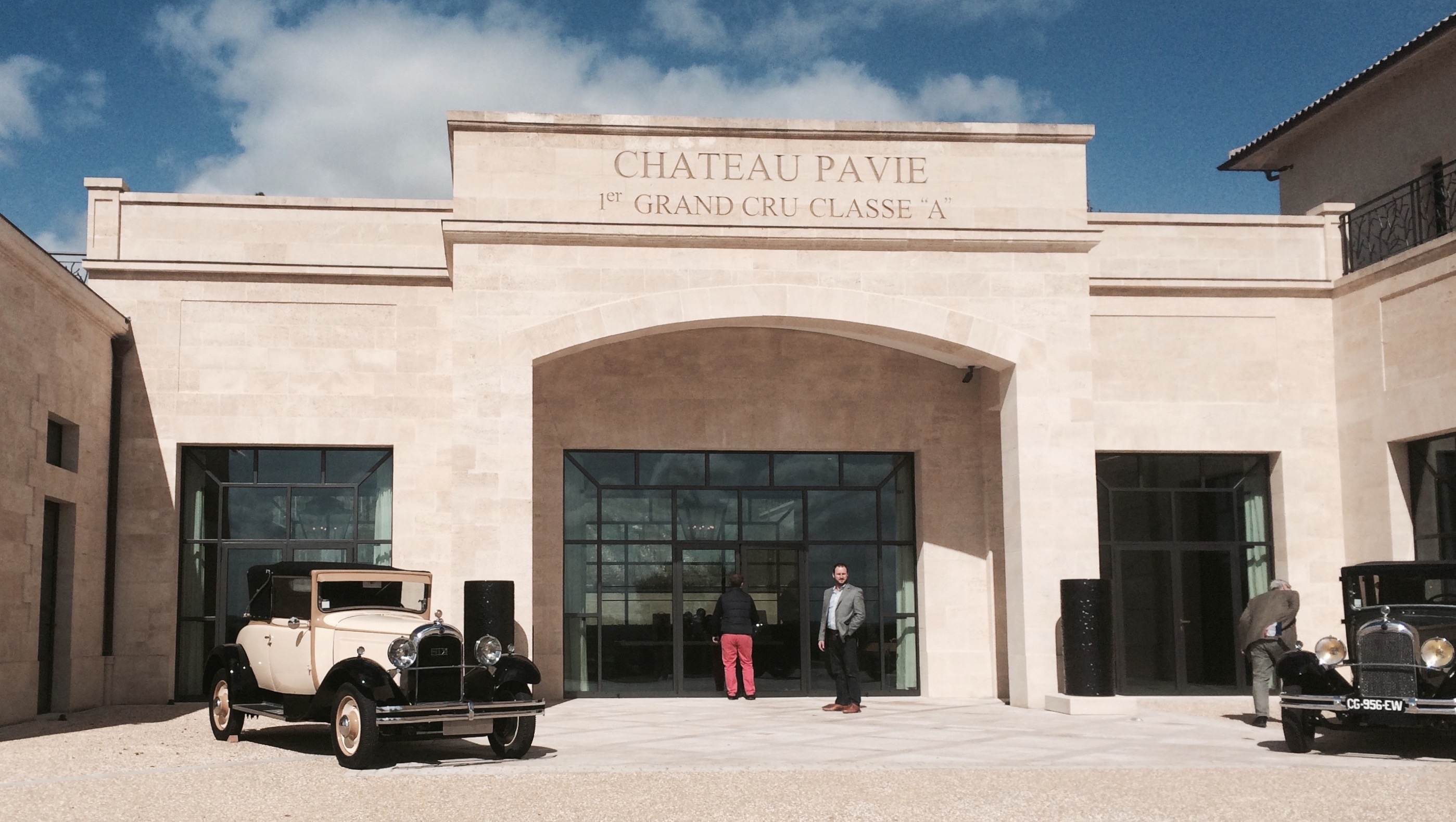 Glamorous tasting room - and antique car collection - at Château Pavie. Photo by Marla Norman.