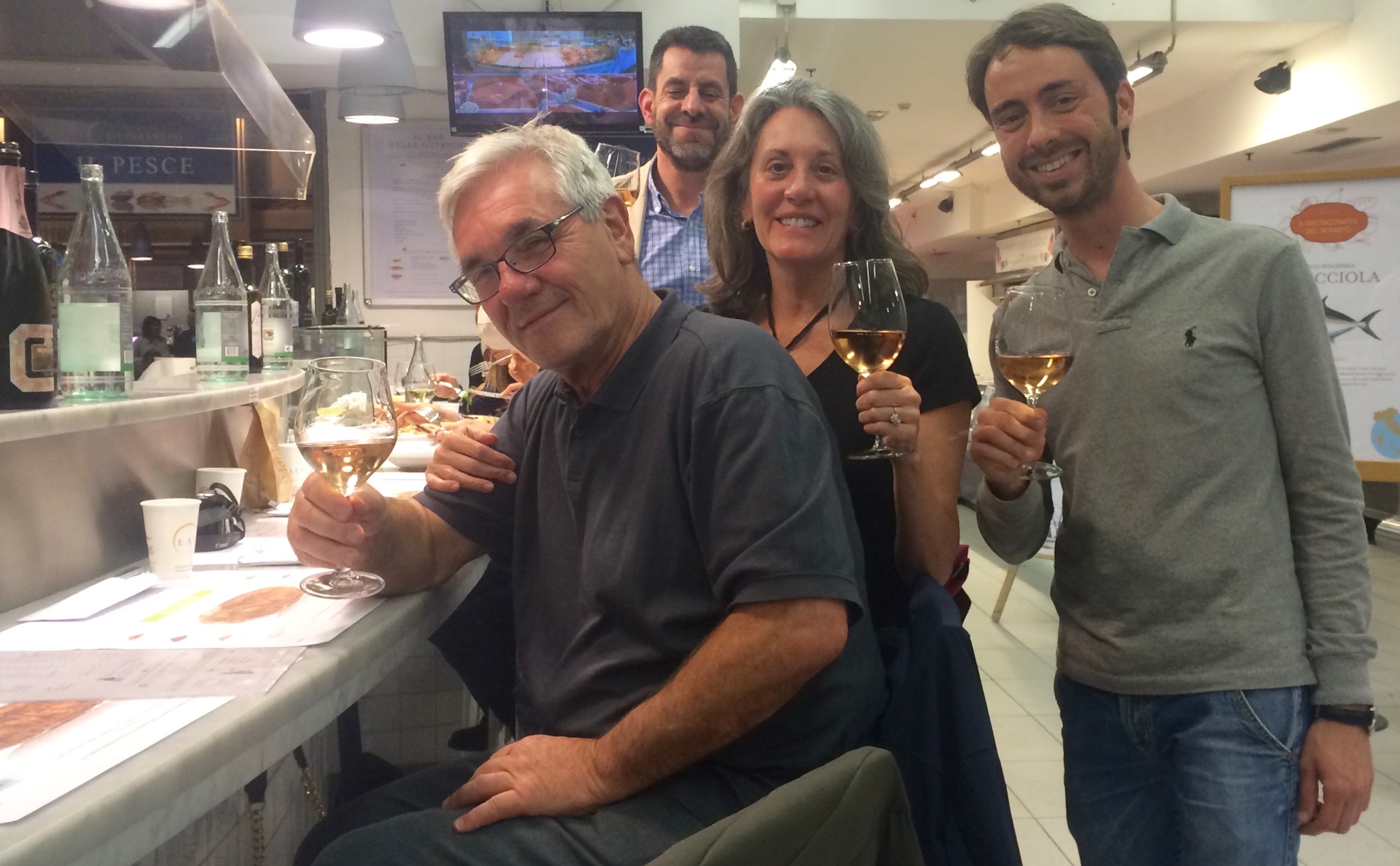 Toasting Torino! Michel Thibault (Michel Thibault Wine), Claudio Negrino (Director, Cantina Alice Bel Colle), Marla Norman (Publisher, Travel Curious Often), Daniele Bianco (Export Director, Cantina Alice Bel Colle)