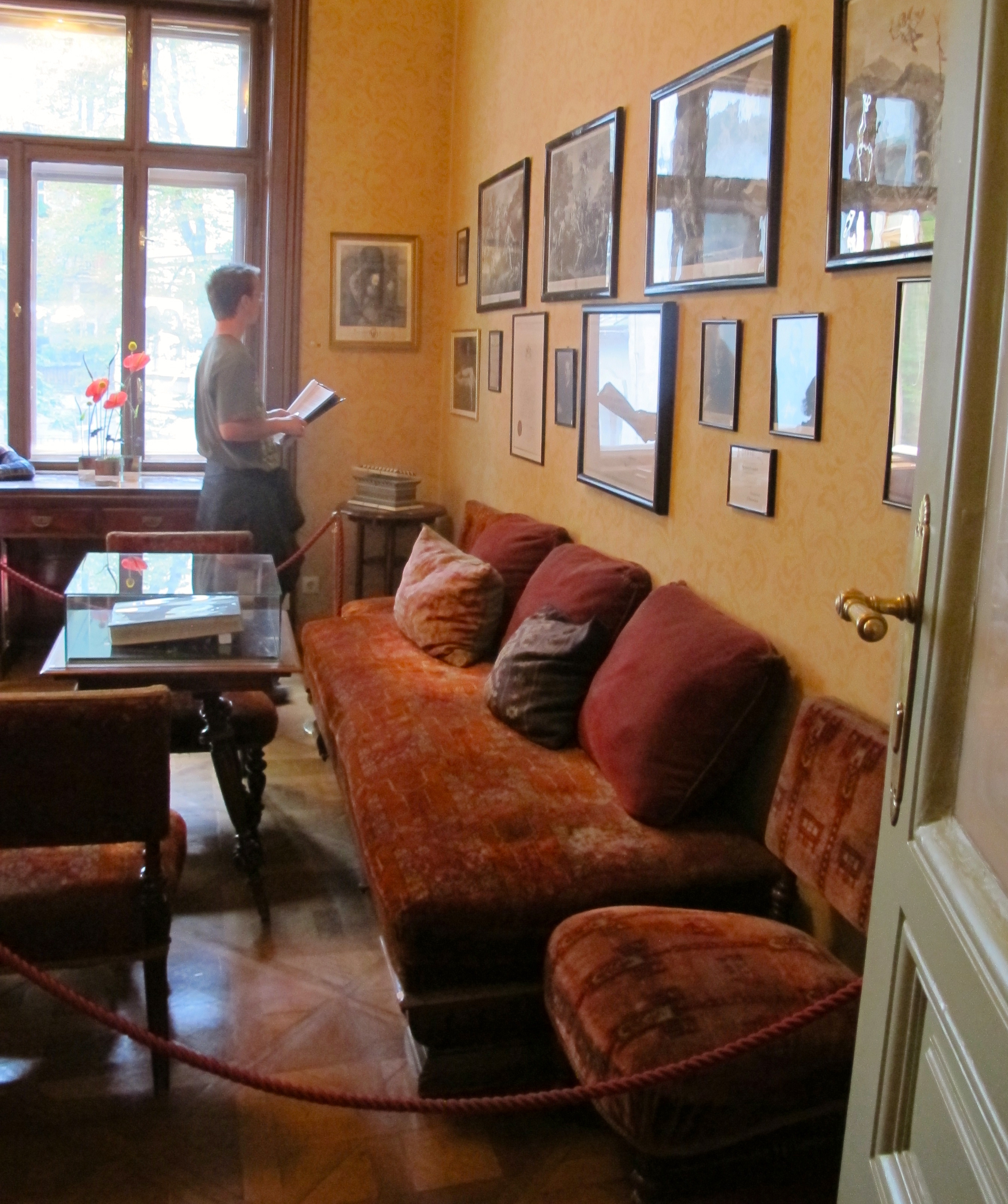 Waiting room of Sigmund Freud's office in Vienna. The couch, however, is not the one Freud used to analyze his patients. 