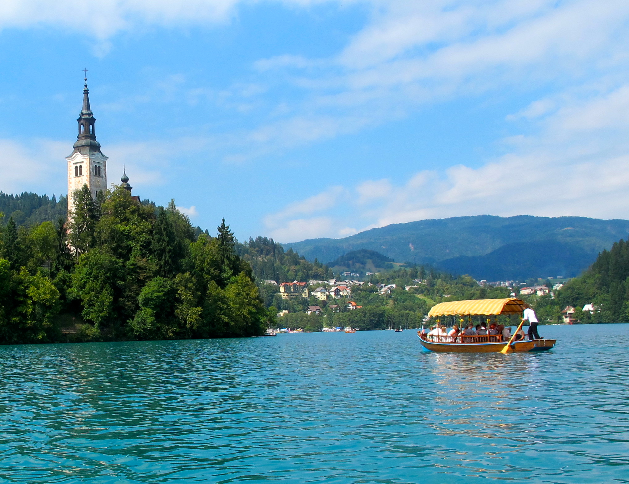 The lovely Baroque Church of the Assumption sits in the middle of Lake Bled, where only only row boats and pletna - wooden boats, similar to Venetian gondolas - are permitted.