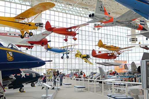 Vintage airplanes, World War I and II fighter planes as well as the NASA Space Shuttle Trainer. Photo courtesy of Boeing's Museum of Flight. 