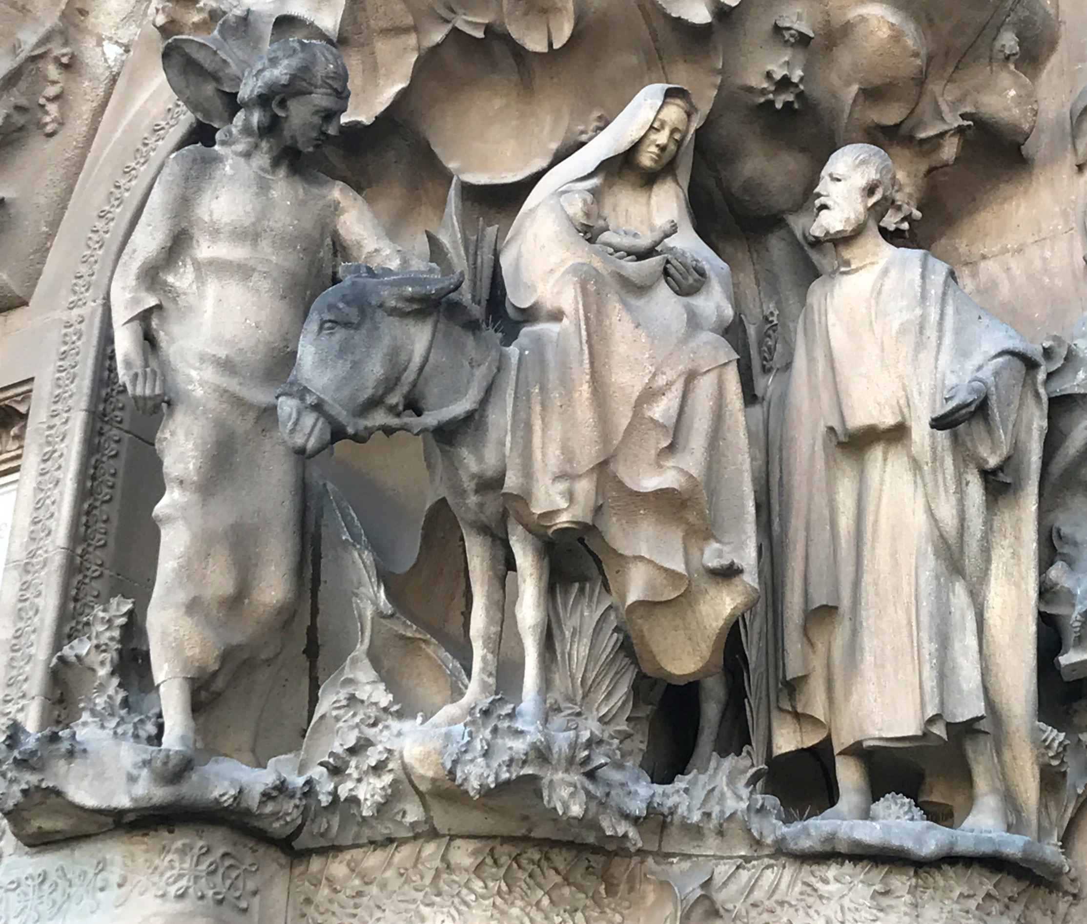 The Nativity Facade portrays scenes from the early life of Christ. This sculpture depicts the Holy Family's flight to Egypt.